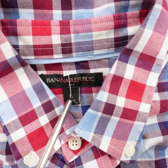 Banana Republic Shirt Mens Large Red Blue Button Up Plaid Long Sleeve Chambray - Picture 6 of 14